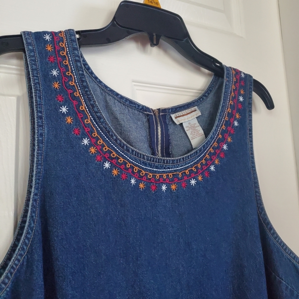 Vintage Expression Blue Denim Midi Dess Sleeveless Embroidered Sheath Size XL - Picture 3 of 8